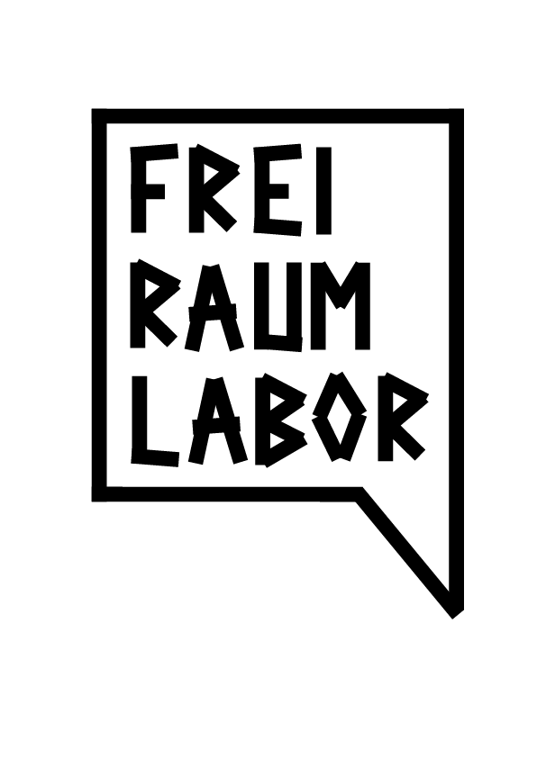 Logo Freiraumlabor, eckige Sprechblase mit Schriftzug in schwarz